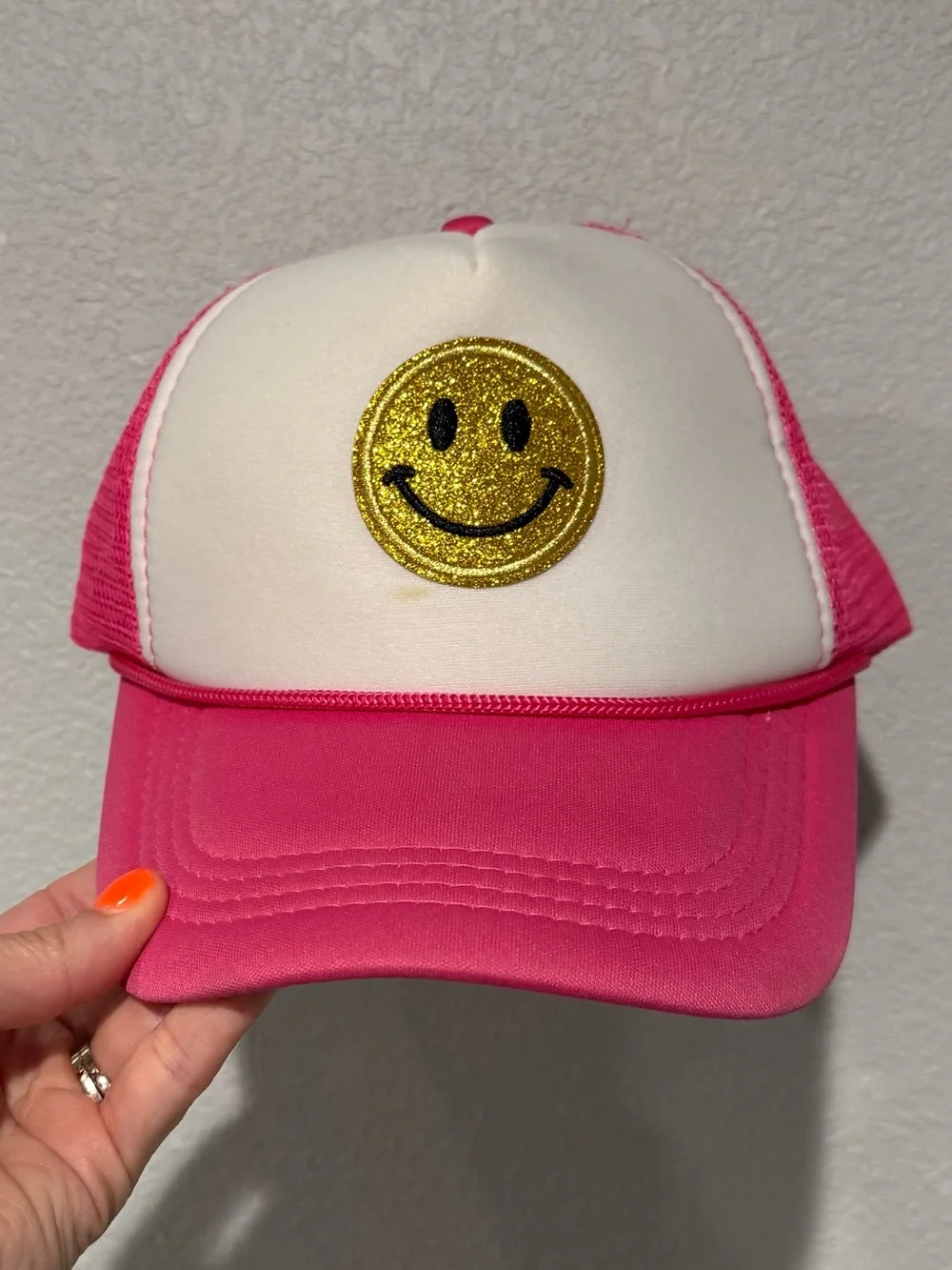 Pink and White Smiley Glitter Trucker Hat